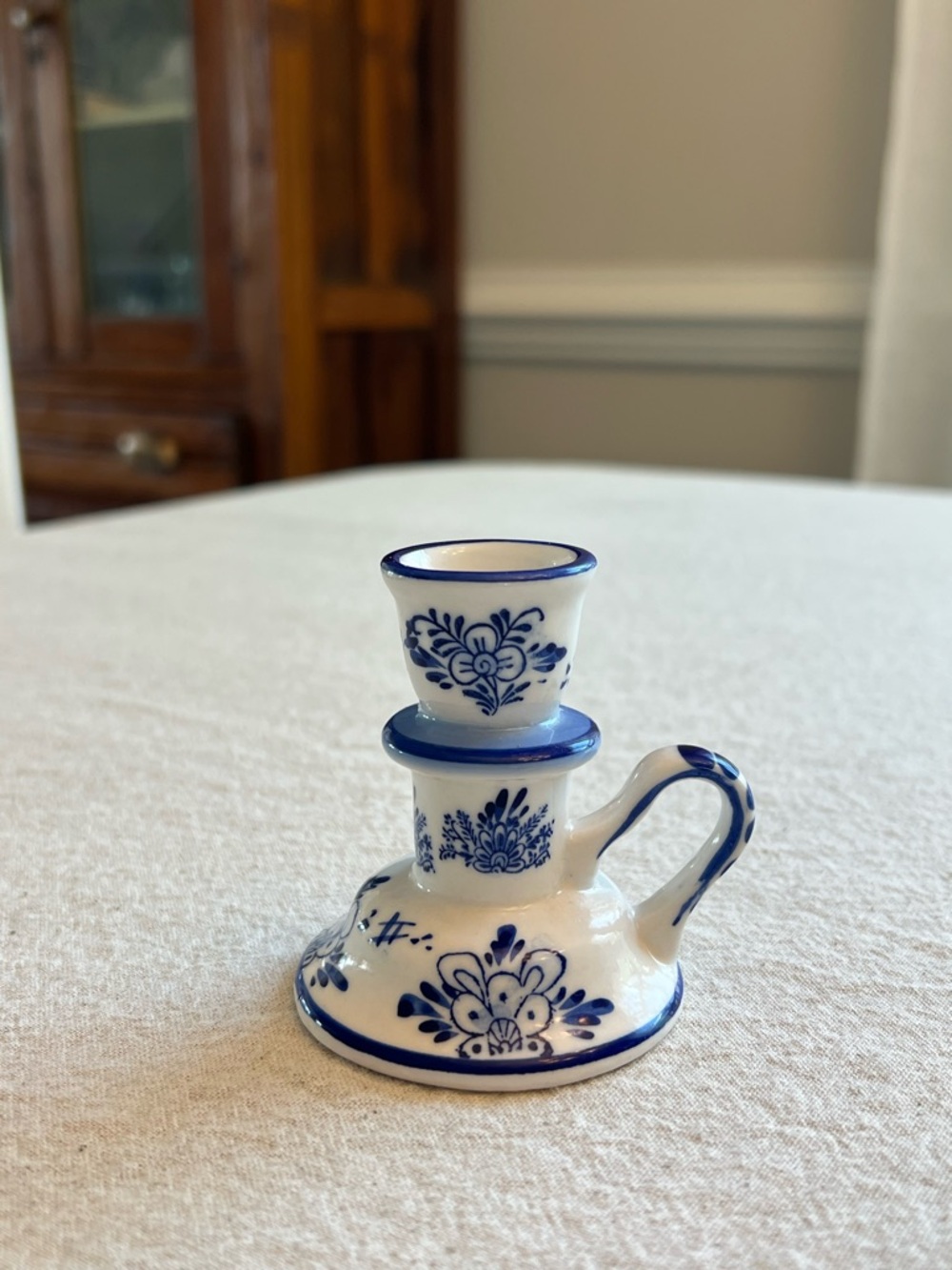 Blue and White Floral Ceramic Candlestick Holder